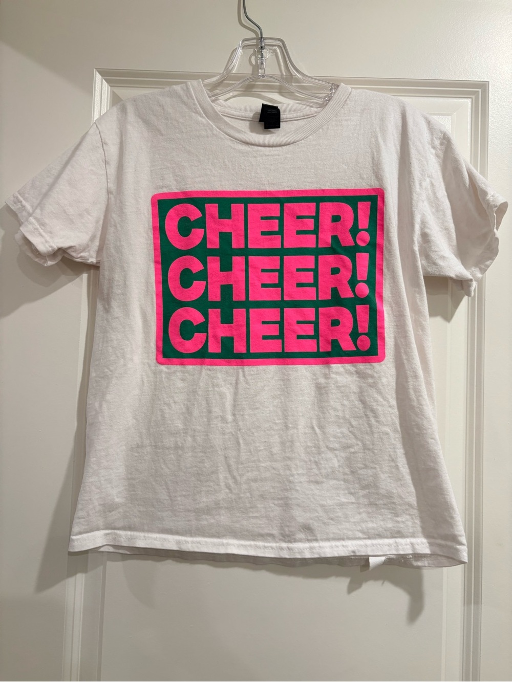 Kids' CHEER! Graphic Tee in White with Pink & Green